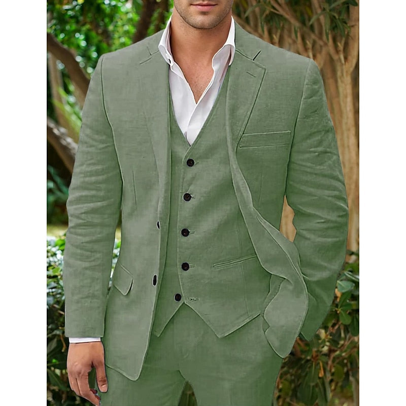 "Costume en lin 3 pièces pour homme avec blazer, gilet et pantalon élégant beige"