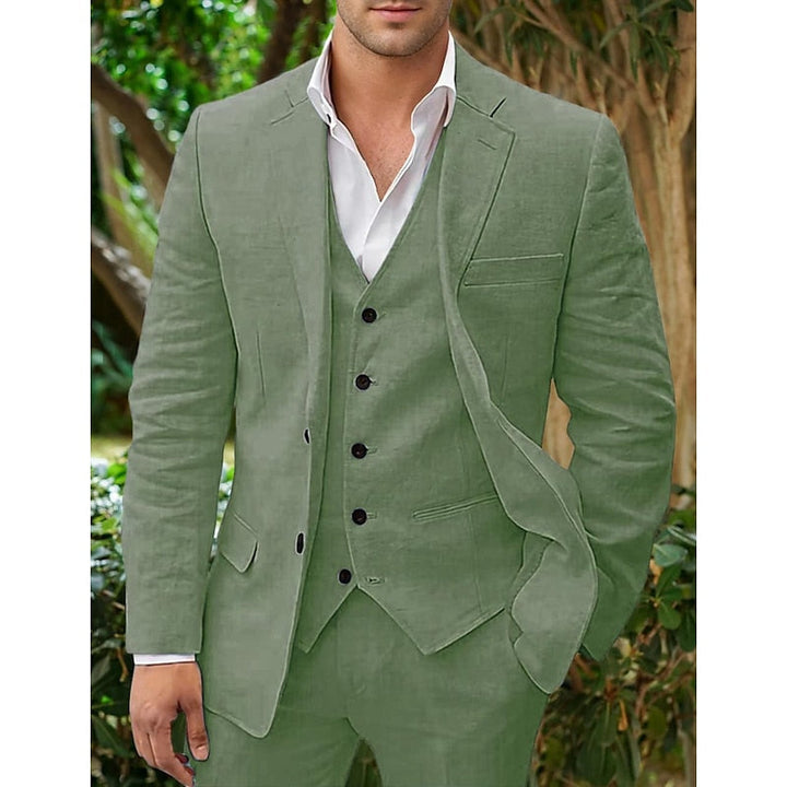 "Costume en lin 3 pièces pour homme avec blazer, gilet et pantalon élégant beige"