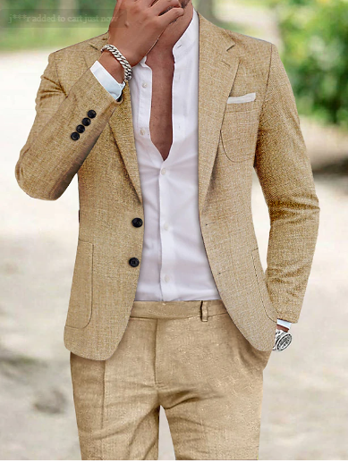 "Costume en lin beige pour hommes, coupe ajustée, deux boutons, style formel et élégant, confortable et moderne."