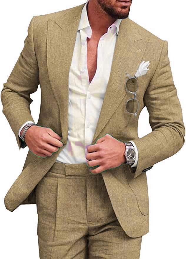 Costume en lin léger pour homme avec coupe ajustée, gris clair, adapté aux occasions formelles et décontractées.