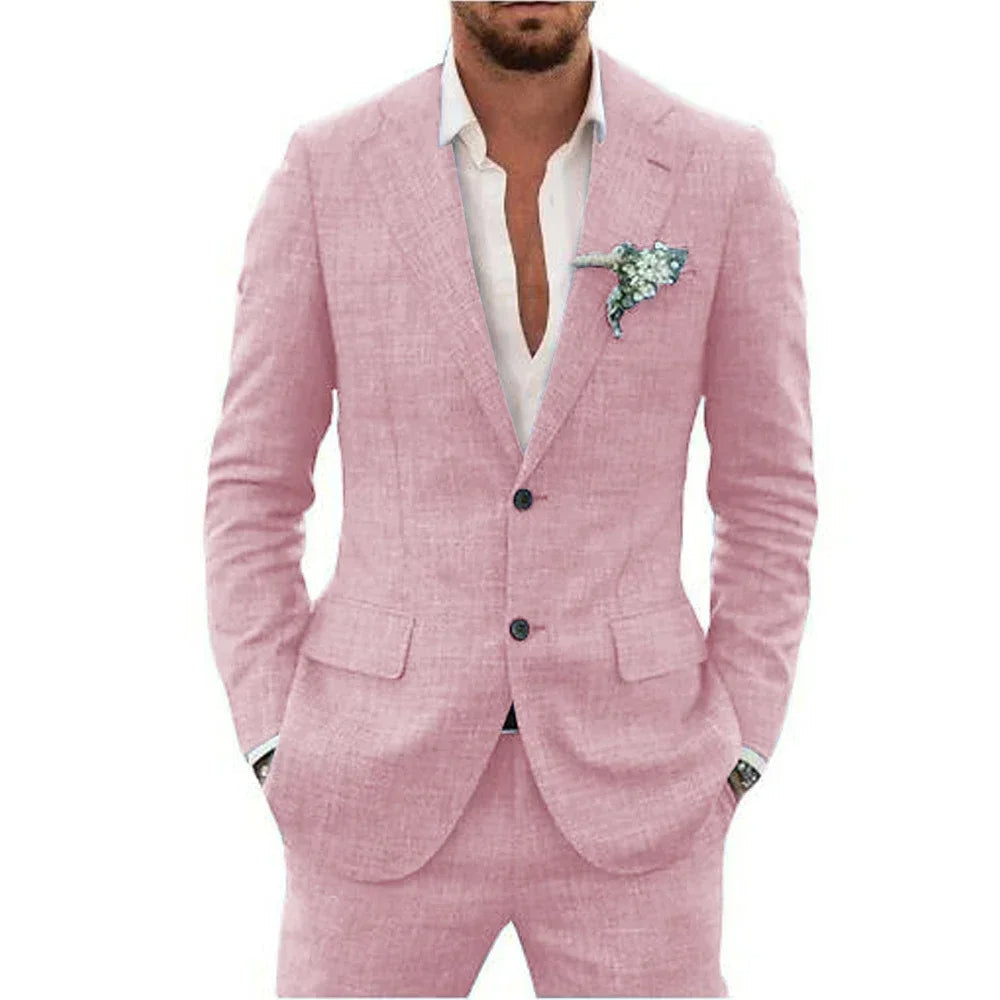 Costume en lin léger pour homme avec coupe ajustée, gris clair, adapté aux occasions formelles et décontractées.