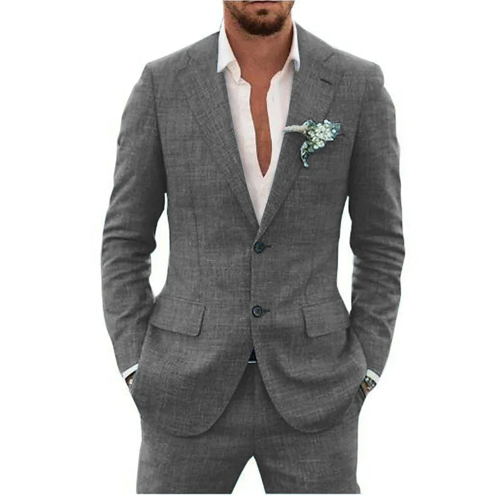 Costume en lin léger pour homme avec coupe ajustée, gris clair, adapté aux occasions formelles et décontractées.