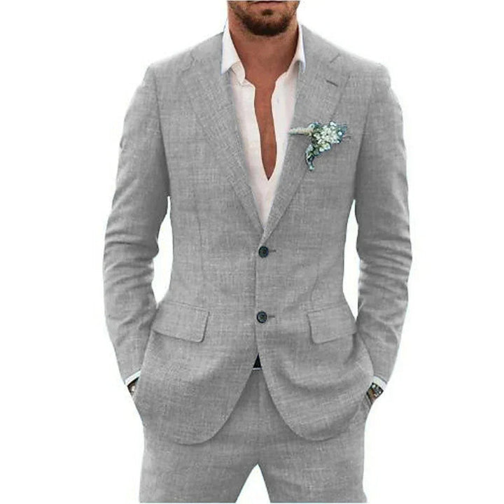 Costume en lin léger pour homme avec coupe ajustée, gris clair, adapté aux occasions formelles et décontractées.