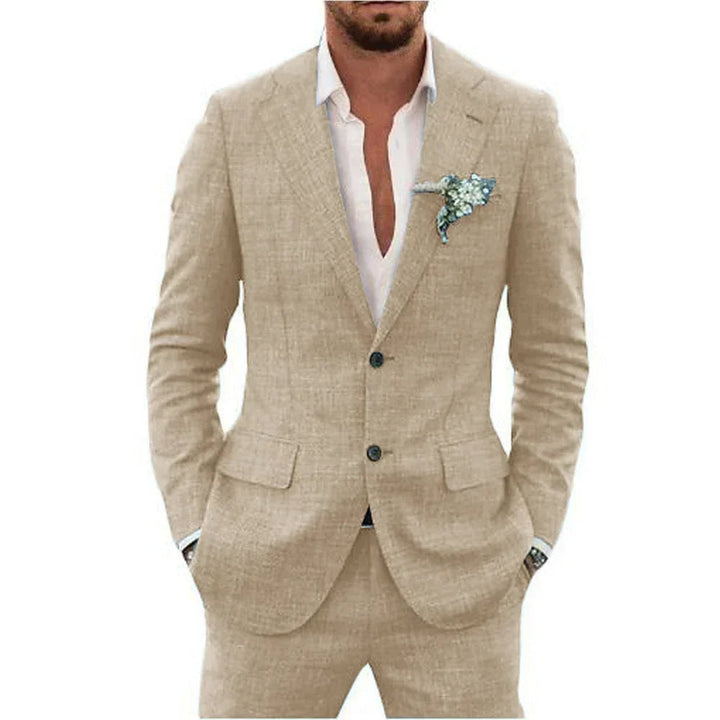Costume en lin léger pour homme avec coupe ajustée, gris clair, adapté aux occasions formelles et décontractées.