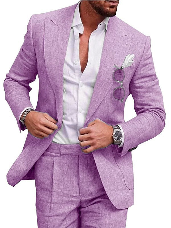 Costume en lin léger pour homme avec coupe ajustée, gris clair, adapté aux occasions formelles et décontractées.