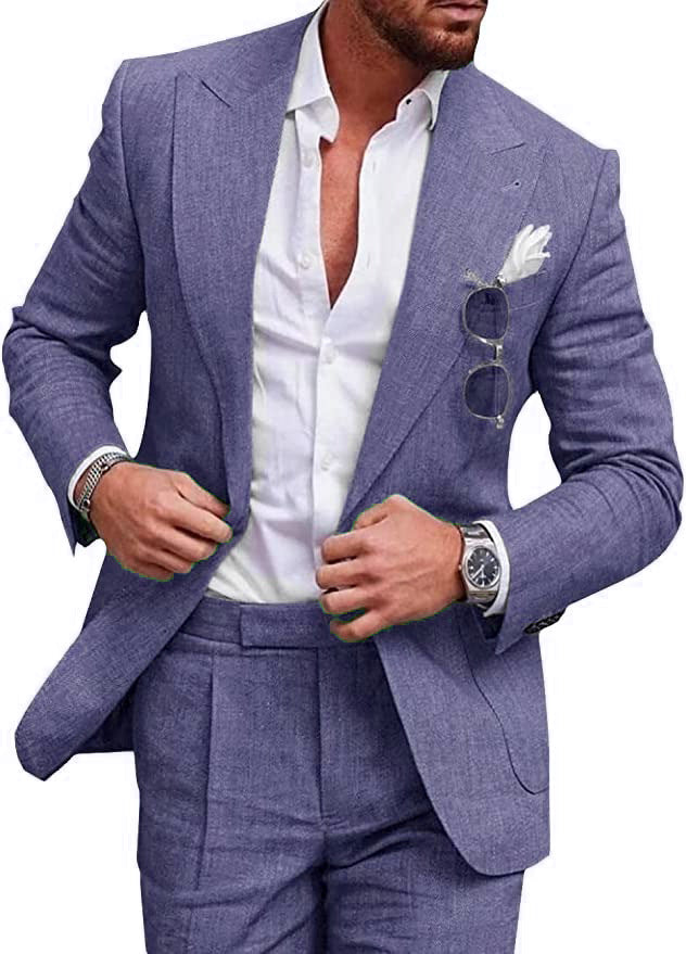Costume en lin léger pour homme avec coupe ajustée, gris clair, adapté aux occasions formelles et décontractées.