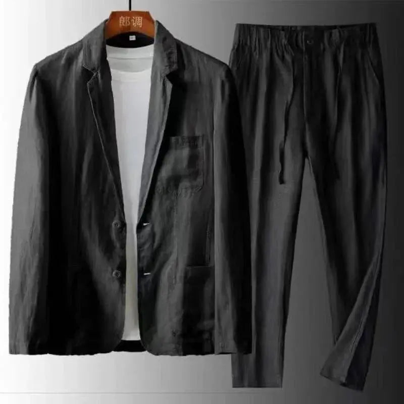 "Costume en lin luxueux pour homme, élégant et intemporel, avec veste et pantalon chic, idéal pour événements formels."