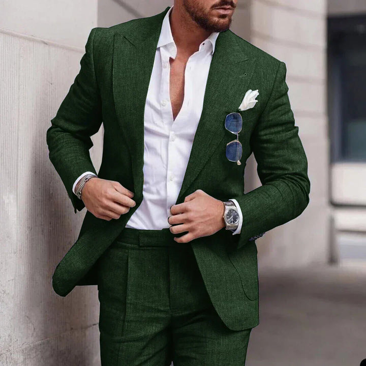 "Costume en lin pour mariages, élégant deux pièces, avec revers raffiné et coupe classique, pour hommes sophistiqués."