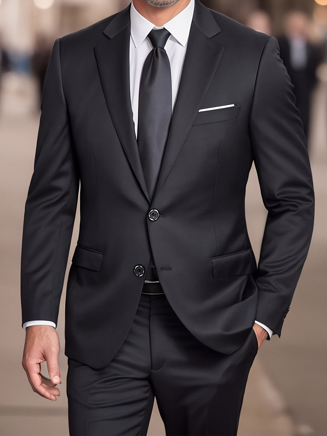 "Costume homme 2 pièces élégant, veste et pantalon ajustés, idéal pour affaires et réceptions. Sophistication moderne."