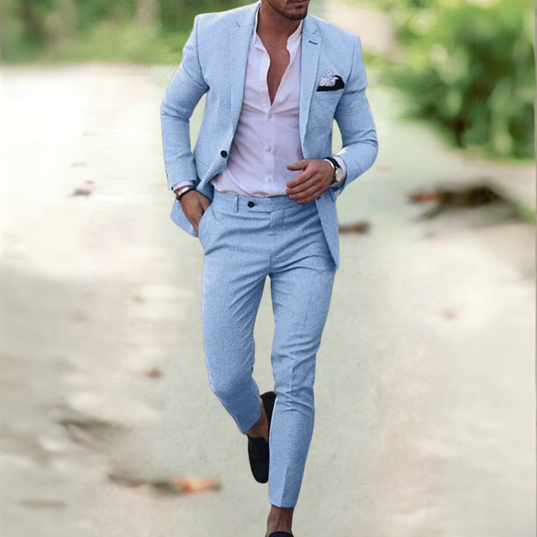 "Costume homme en lin élégant Viktor, veste et pantalon assortis, style business casual, idéal pour occasions professionnelle