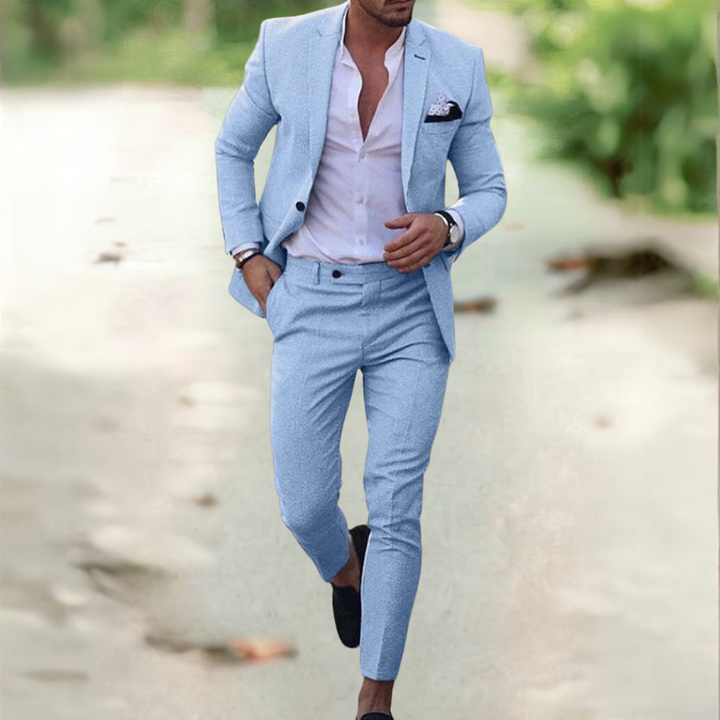 "Costume homme en lin élégant Viktor, veste et pantalon assortis, style business casual, idéal pour occasions professionnelle