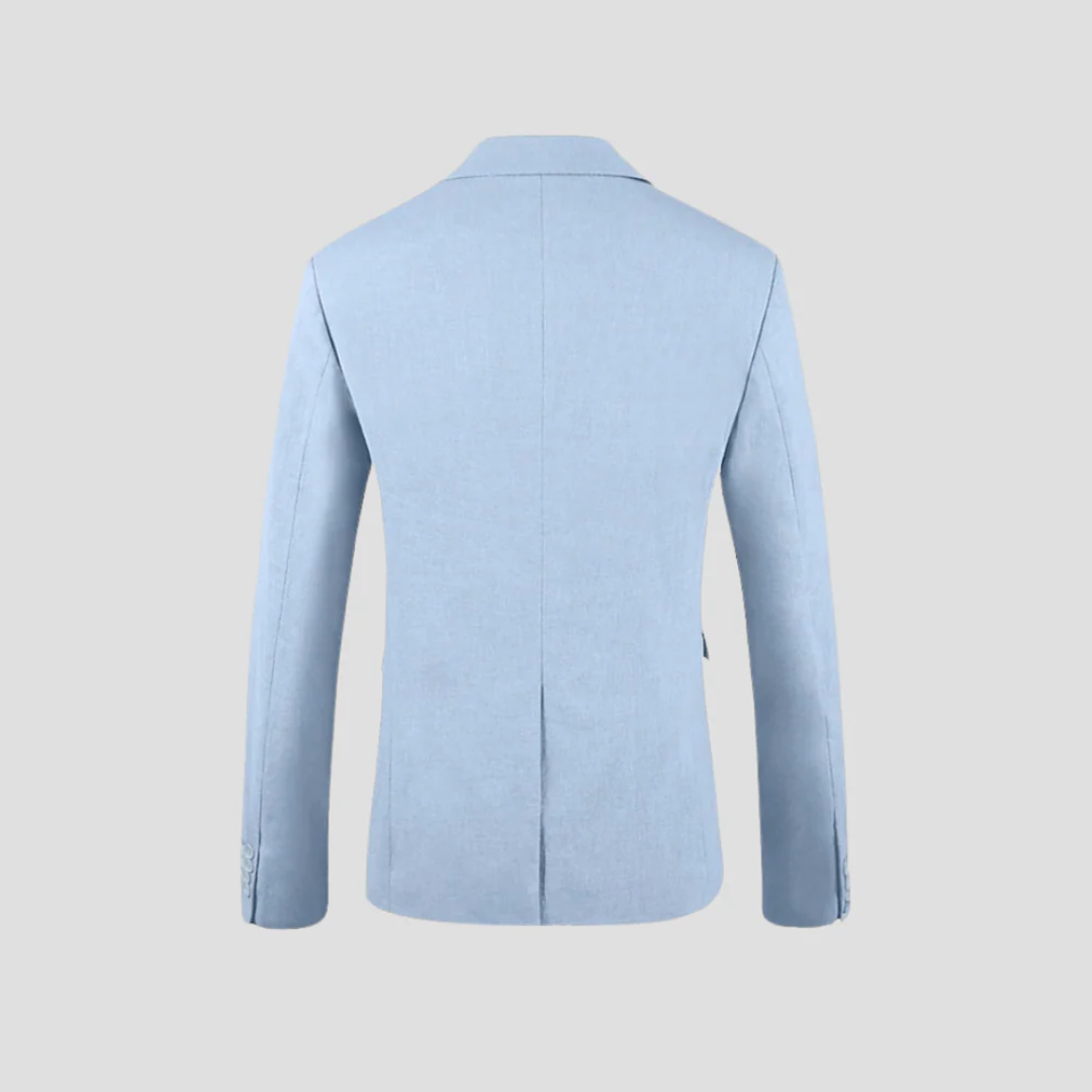 "Costume léger chic homme en lin-coton, tissu respirant, blazer deux boutons, pantalon fuselé élégant pour l'été."