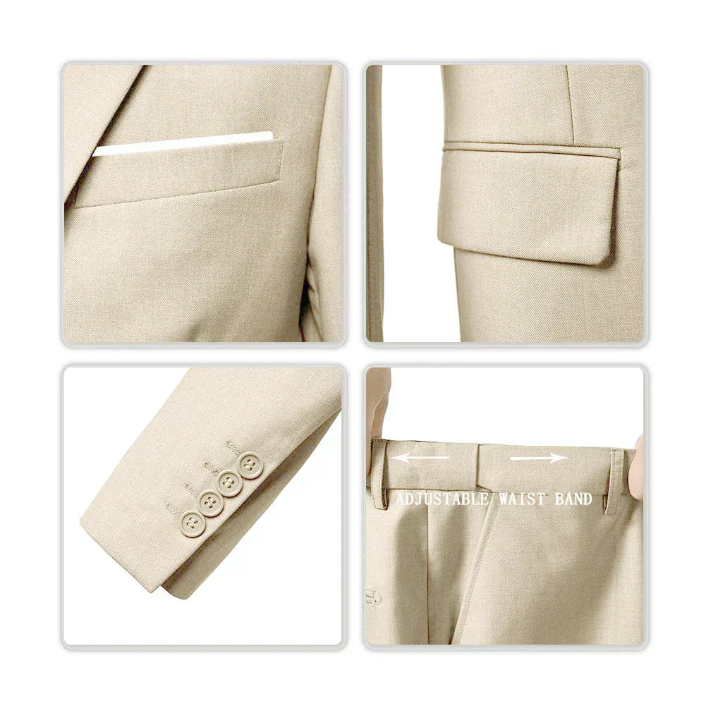 "Costume trois pièces ajusté homme: blazer, gilet, pantalon, élégance classique pour mariages et occasions formelles."