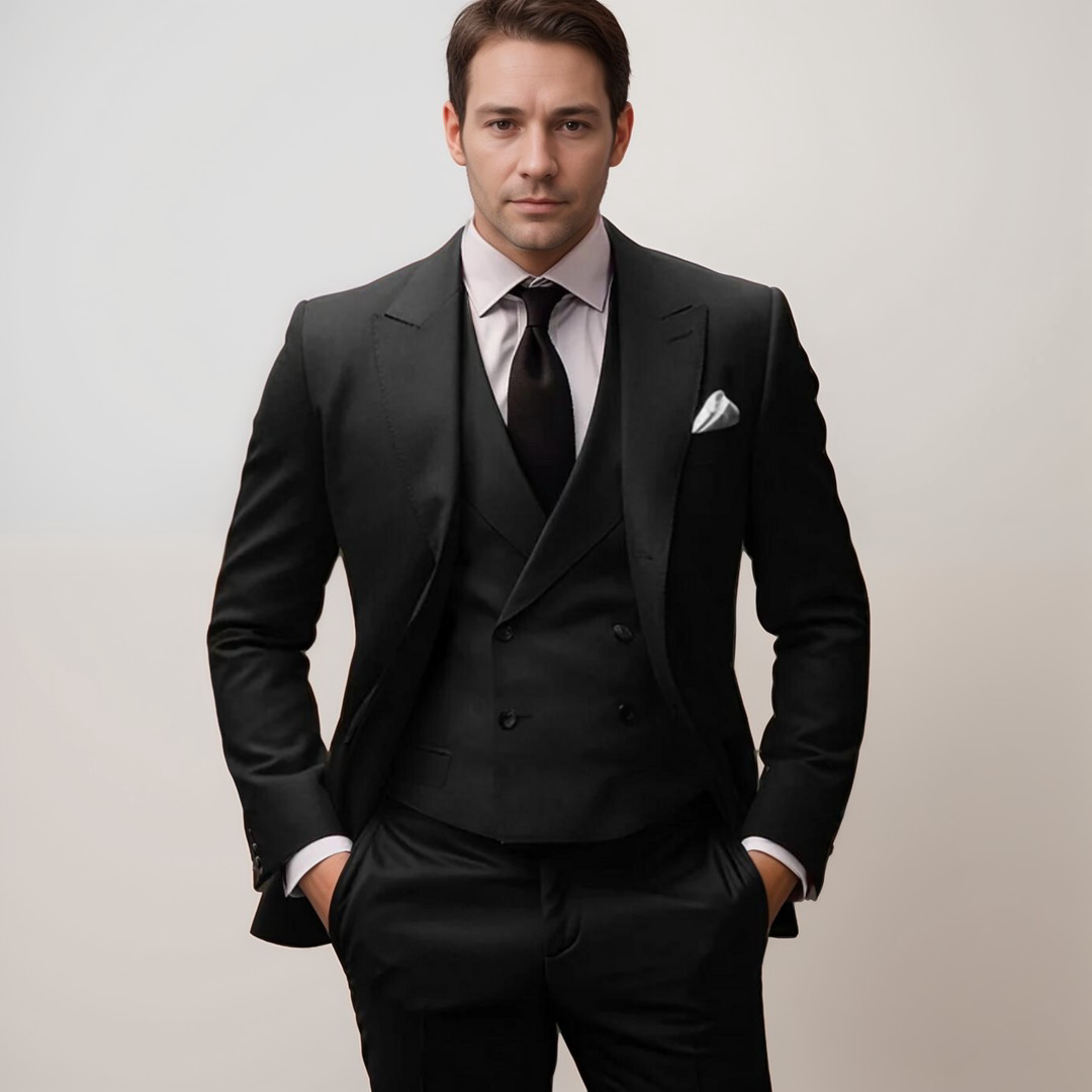 Costume trois pièces homme élégant, veste ajustée, gilet et pantalon assorti, style moderne pour mariage.