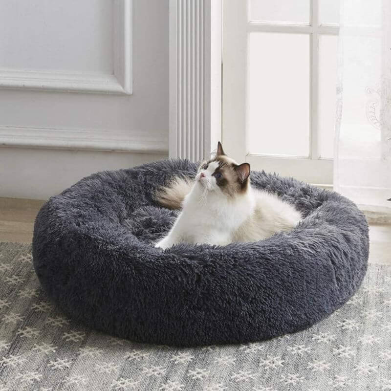 "Coussin anti-stress pour chat, moelleux et doux, couleurs variées, apaise l'anxiété et assure détente et confort."