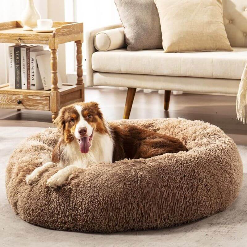 Coussin anti-stress pour chien, couleur abricot, design doux et enveloppant, idéal pour apaiser les chiens anxieux.