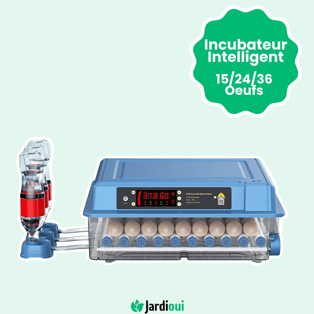 "Couveuse automatique bleue pour poulailler, 15 œufs, avec écran digital, garantit incubation optimale et éclosion sûre."