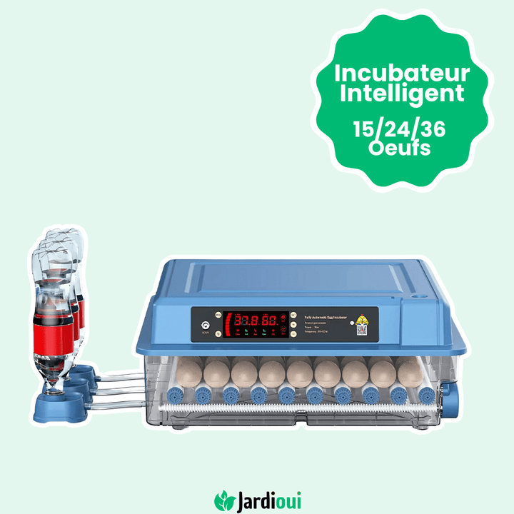 "Couveuse automatique bleue pour poulailler, 15 œufs, avec écran digital, garantit incubation optimale et éclosion sûre."