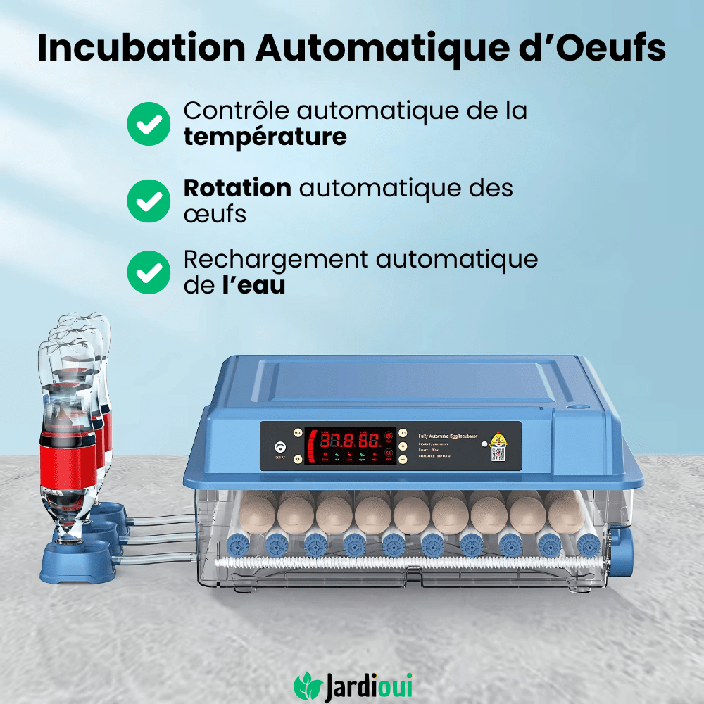 "Couveuse automatique bleue pour poulailler, 15 œufs, avec écran digital, garantit incubation optimale et éclosion sûre."