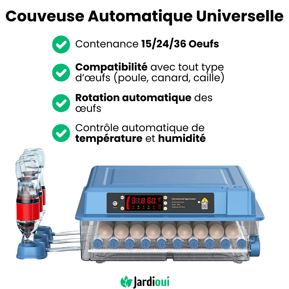 "Couveuse automatique bleue pour poulailler, 15 œufs, avec écran digital, garantit incubation optimale et éclosion sûre."