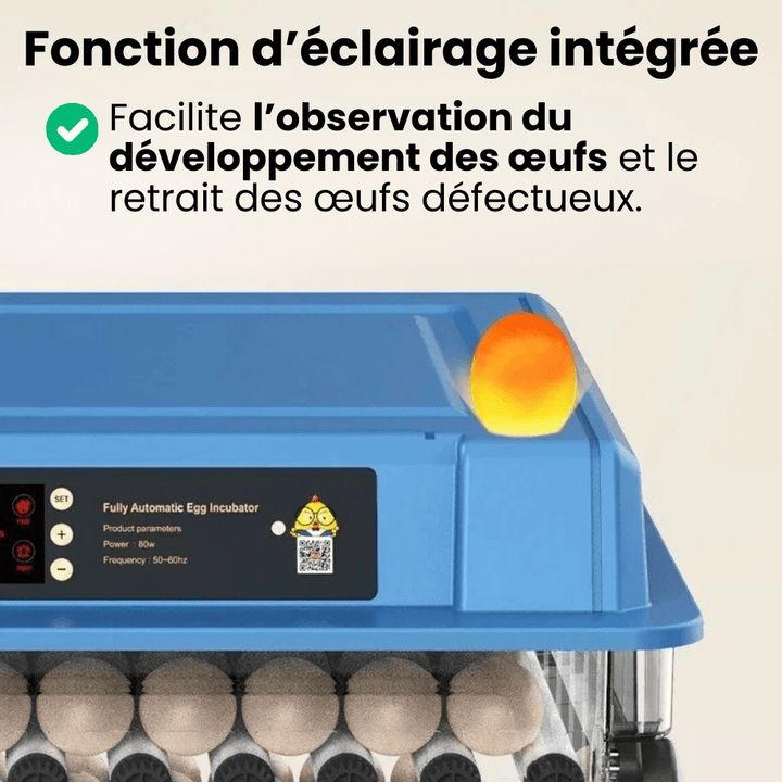 "Couveuse automatique bleue pour poulailler, 15 œufs, avec écran digital, garantit incubation optimale et éclosion sûre."