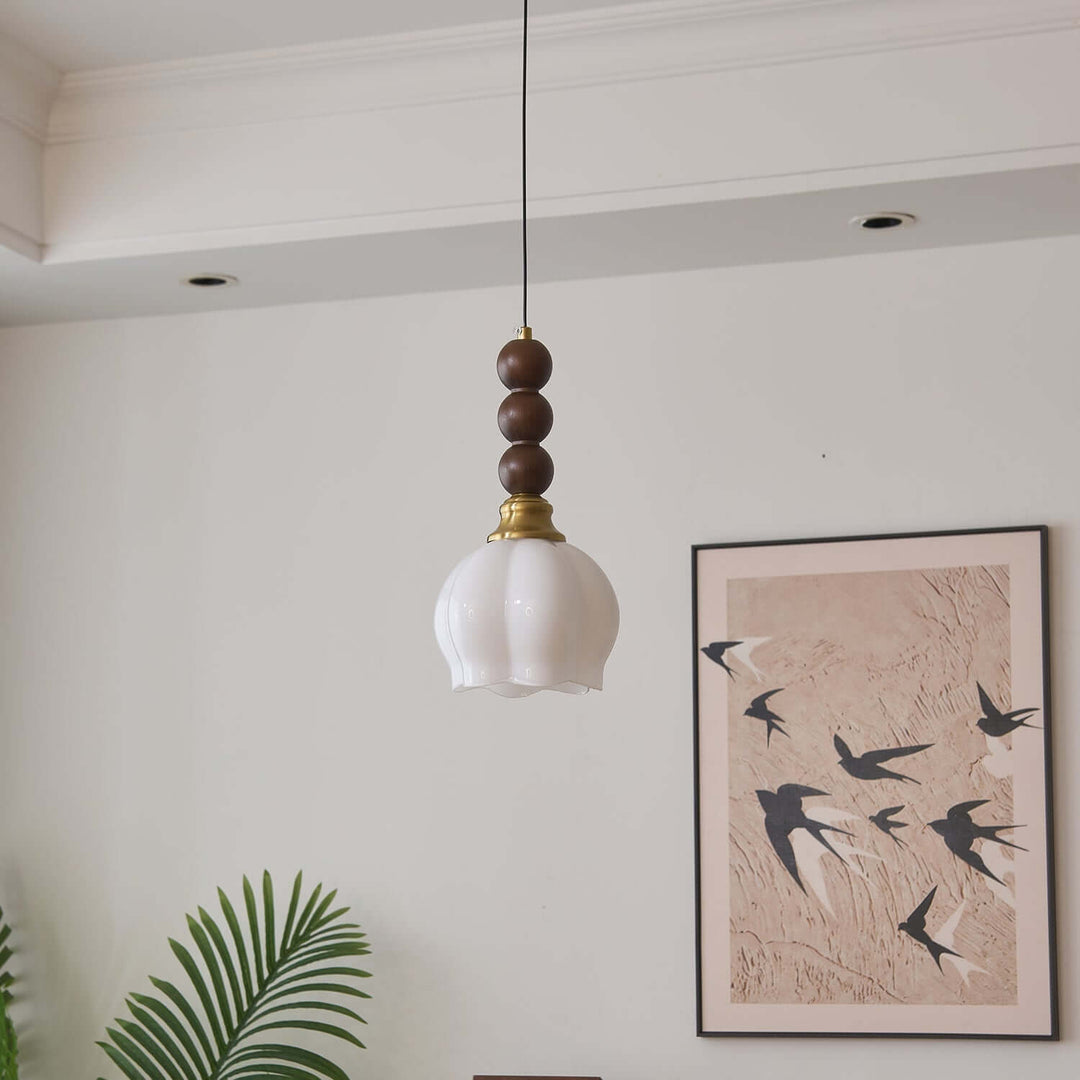 Suspension élégante en verre, bois et métal - Luminaire design