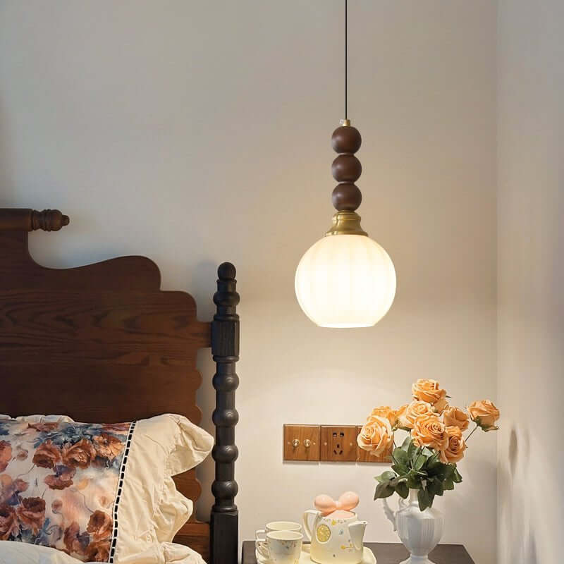 Suspension élégante en verre, bois et métal - Luminaire design