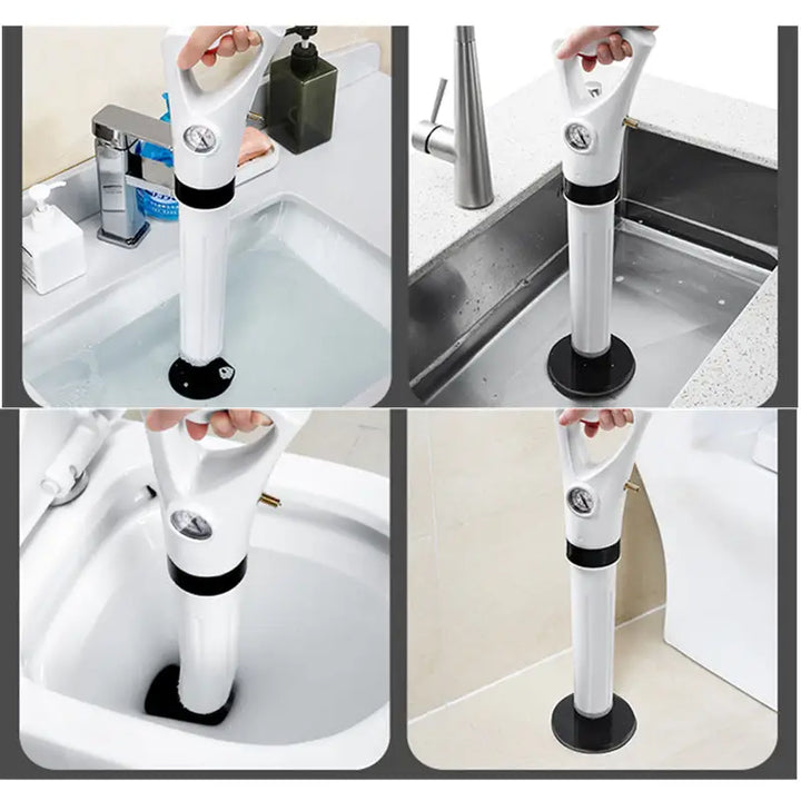 "Déboucheur pneumatique haute efficacité, compact, blanc, avec accessoires, idéal pour les canalisations bouchées."