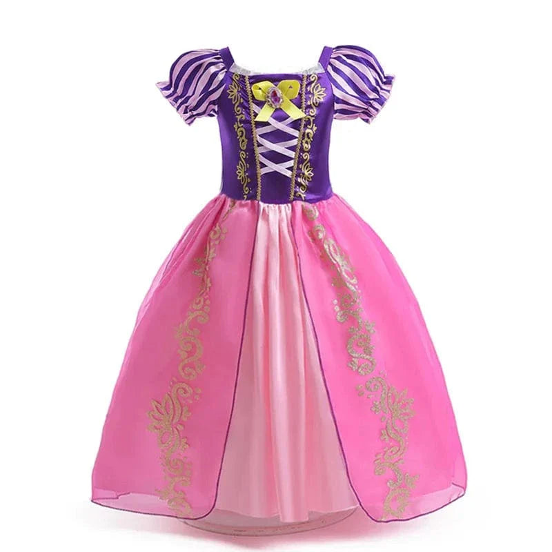 "Déguisement enfant Raiponce violet, robe princesse avec détails dorés, tissu doux, pour anniversaires et jeux créatifs."
