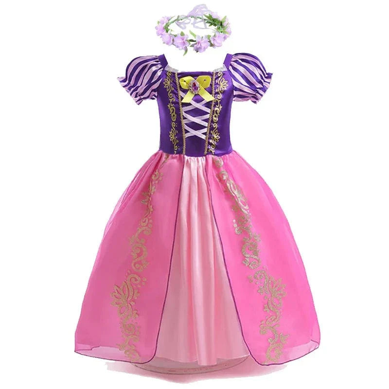 "Déguisement enfant Raiponce violet, robe princesse avec détails dorés, tissu doux, pour anniversaires et jeux créatifs."