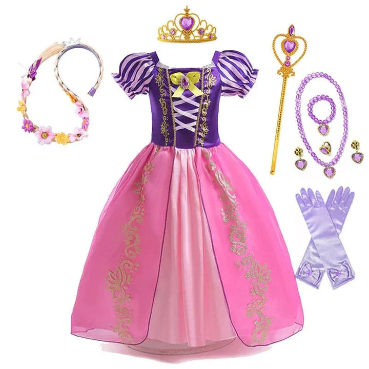 "Déguisement enfant Raiponce violet, robe princesse avec détails dorés, tissu doux, pour anniversaires et jeux créatifs."