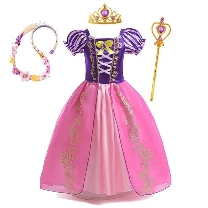 "Déguisement enfant Raiponce violet, robe princesse avec détails dorés, tissu doux, pour anniversaires et jeux créatifs."