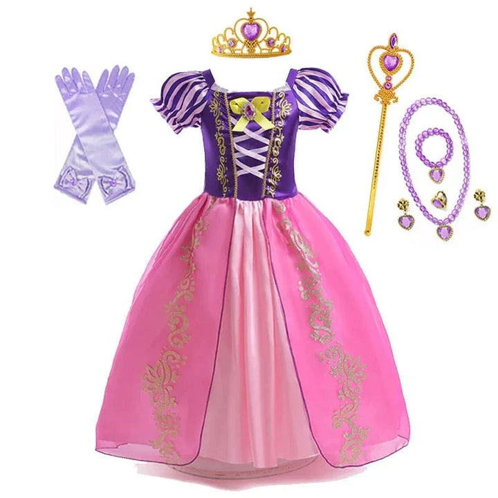 "Déguisement enfant Raiponce violet, robe princesse avec détails dorés, tissu doux, pour anniversaires et jeux créatifs."
