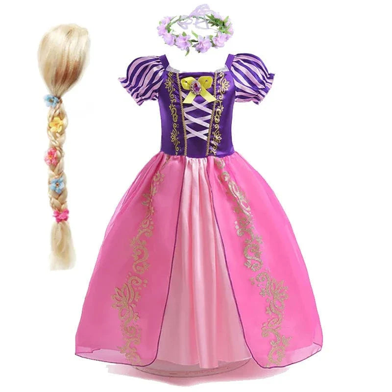 "Déguisement enfant Raiponce violet, robe princesse avec détails dorés, tissu doux, pour anniversaires et jeux créatifs."