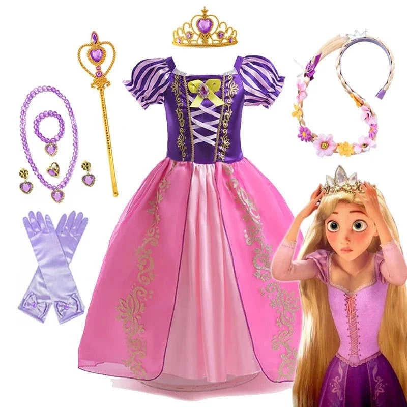 "Déguisement enfant Raiponce violet, robe princesse avec détails dorés, tissu doux, pour anniversaires et jeux créatifs."