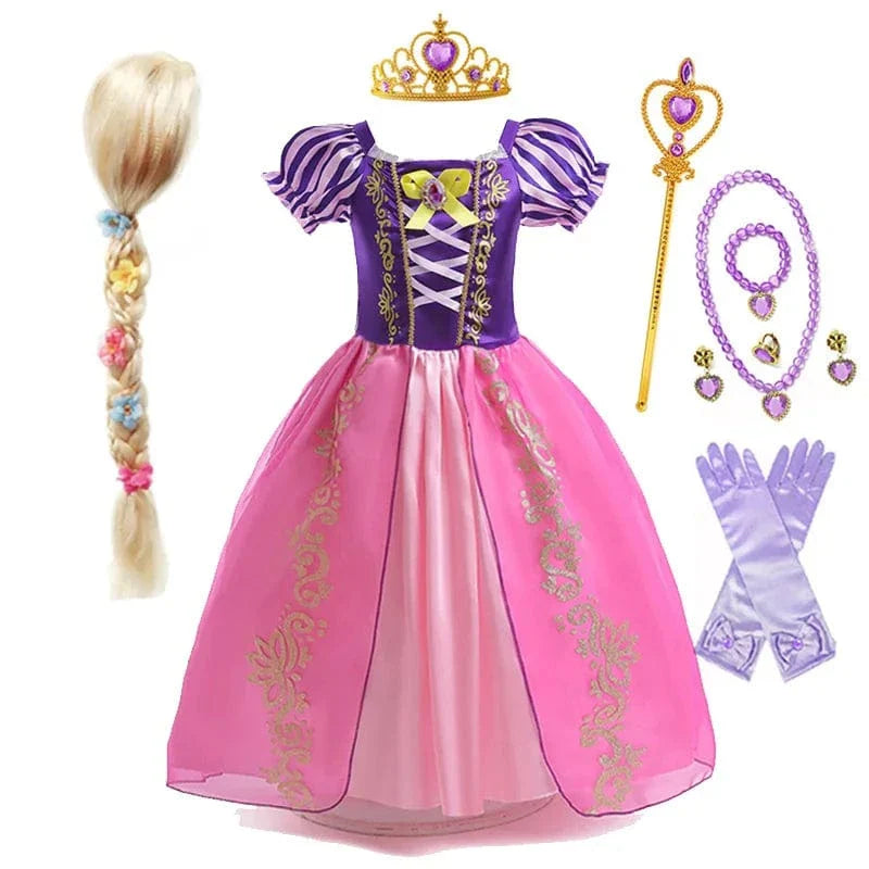 "Déguisement enfant Raiponce violet, robe princesse avec détails dorés, tissu doux, pour anniversaires et jeux créatifs."