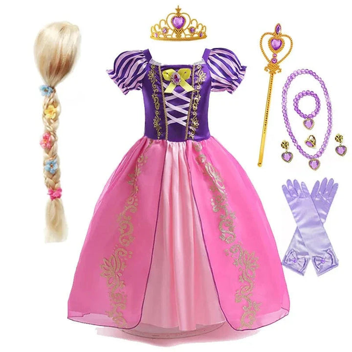 "Déguisement enfant Raiponce violet, robe princesse avec détails dorés, tissu doux, pour anniversaires et jeux créatifs."