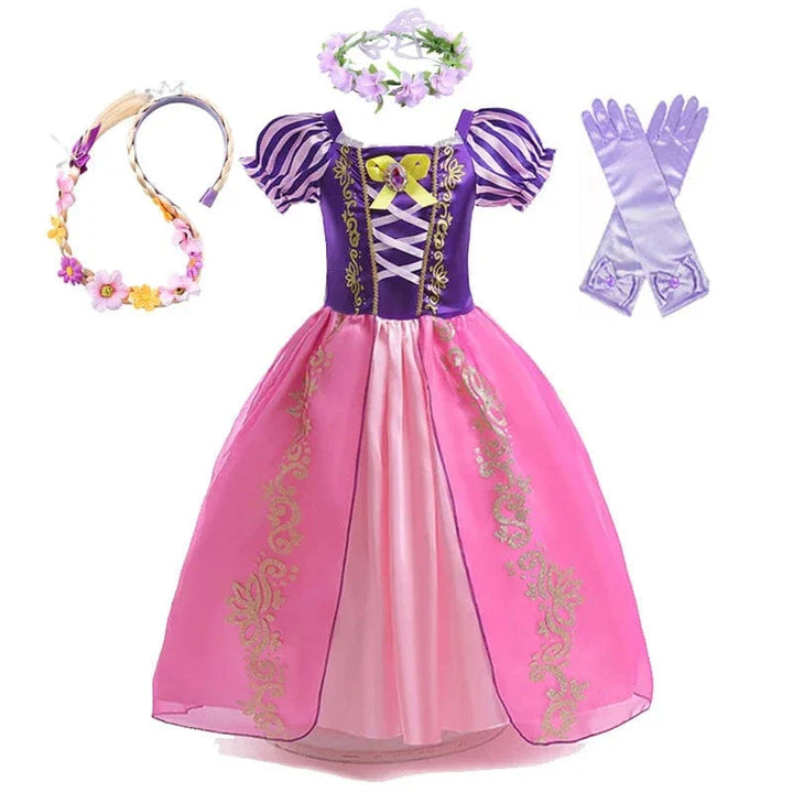 "Déguisement enfant Raiponce violet, robe princesse avec détails dorés, tissu doux, pour anniversaires et jeux créatifs."