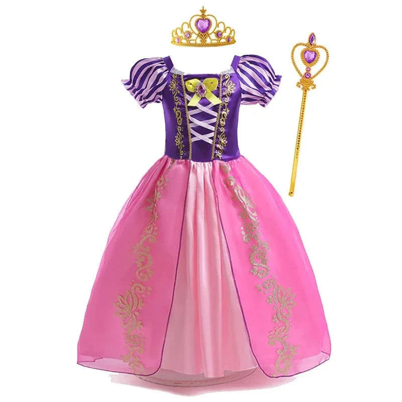 "Déguisement enfant Raiponce violet, robe princesse avec détails dorés, tissu doux, pour anniversaires et jeux créatifs."