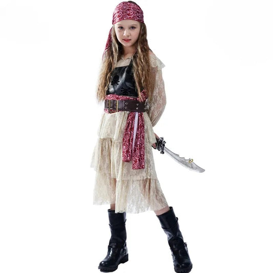 "Déguisement pirate fillette avec jupe rayée rouge, gilet noir et chapeau tricorne."