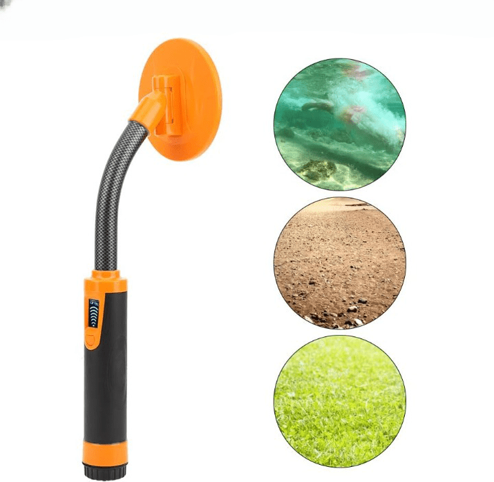 Détecteur de métaux portable étanche orange et noir, idéal pour exploration nautique et terrestre, résistant et polyvalent.