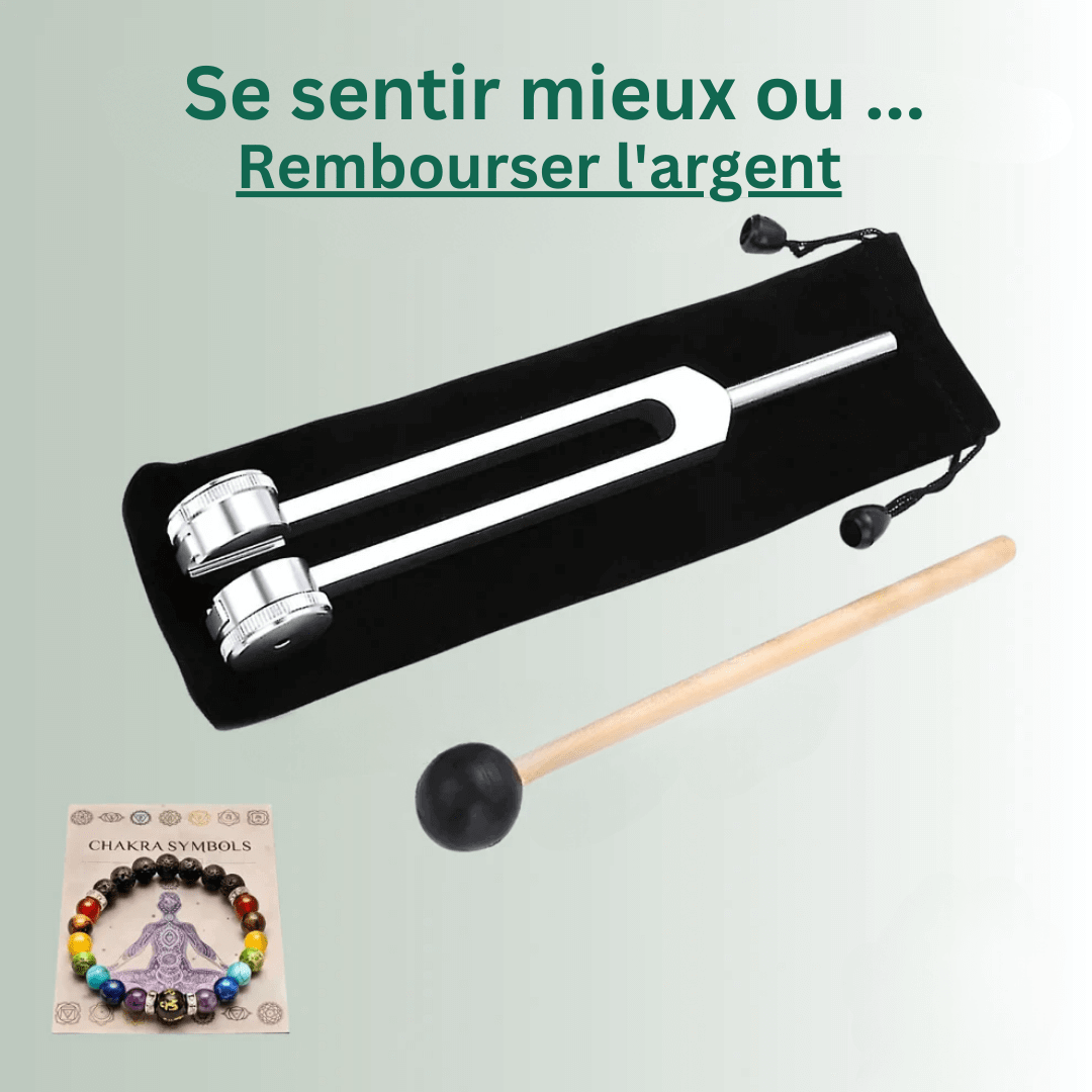 Diapason thérapeutique 128Hz argenté, design ergonomique, pour relaxation et bien-être sonore à domicile.