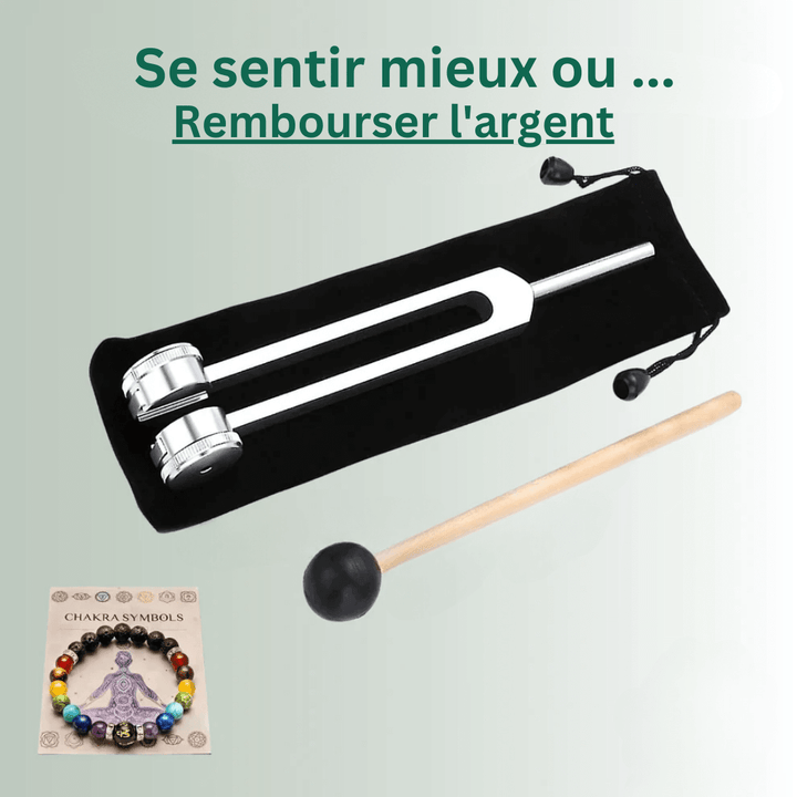 Diapason thérapeutique 128Hz argenté, design ergonomique, pour relaxation et bien-être sonore à domicile.
