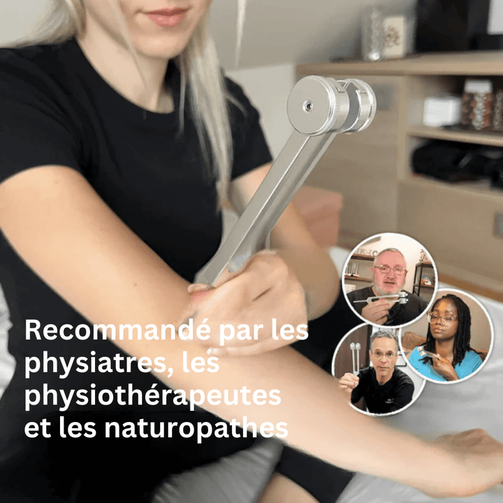 Diapason thérapeutique 128Hz argenté, design ergonomique, pour relaxation et bien-être sonore à domicile.