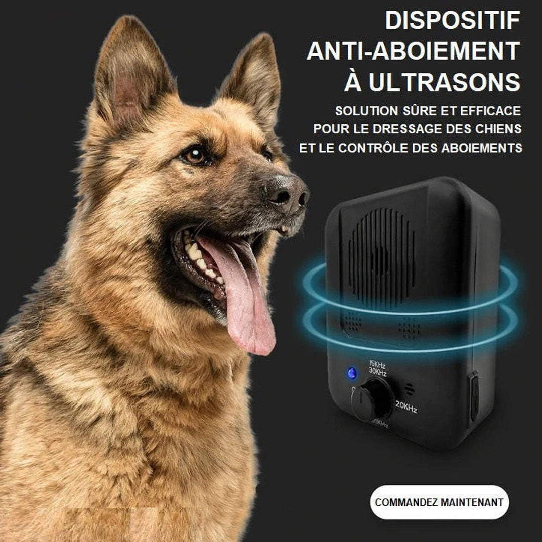 Dispositif anti-aboiement ultrasons noir, compact et portable, pour réduire les aboiements des chiens en toute sécurité.