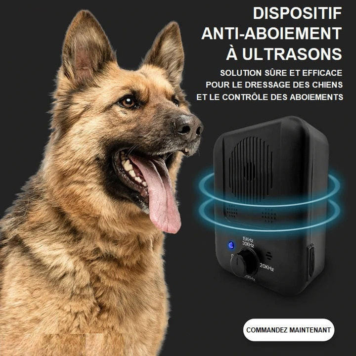 Dispositif anti-aboiement ultrasons noir, compact et portable, pour réduire les aboiements des chiens en toute sécurité.