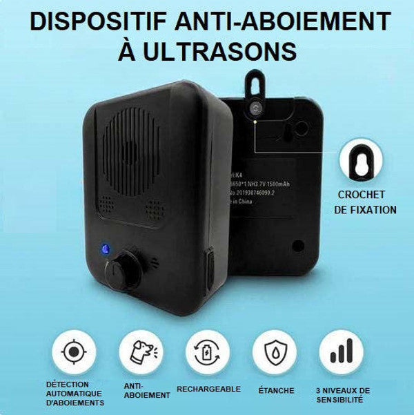 Dispositif anti-aboiement ultrasons noir, compact et portable, pour réduire les aboiements des chiens en toute sécurité.