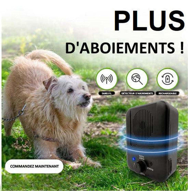 Dispositif anti-aboiement ultrasons noir, compact et portable, pour réduire les aboiements des chiens en toute sécurité.