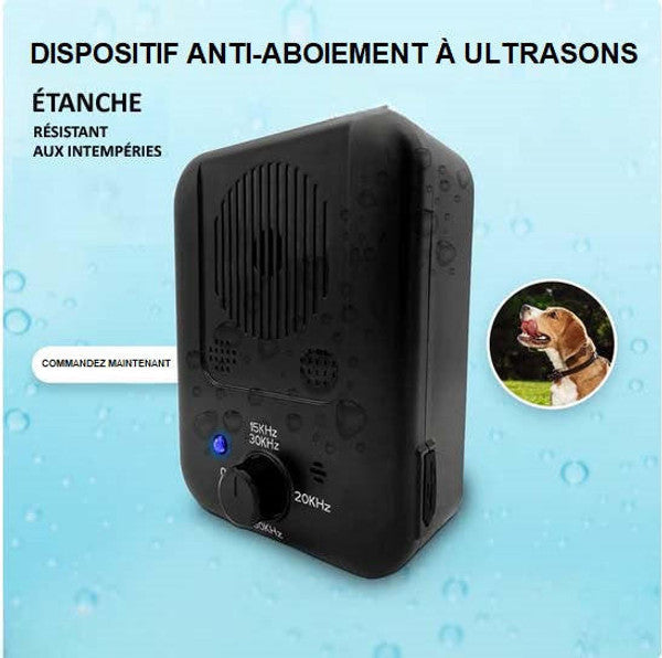 Dispositif anti-aboiement ultrasons noir, compact et portable, pour réduire les aboiements des chiens en toute sécurité.