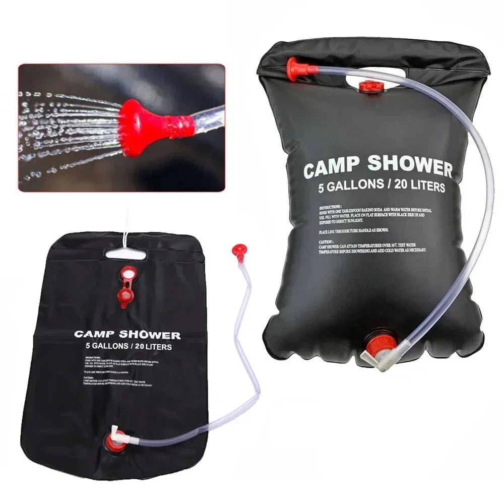 Douche solaire portable 20 L noire, compacte, suspendue en extérieur, idéale pour camping et randonnée, chauffe l'eau au sole